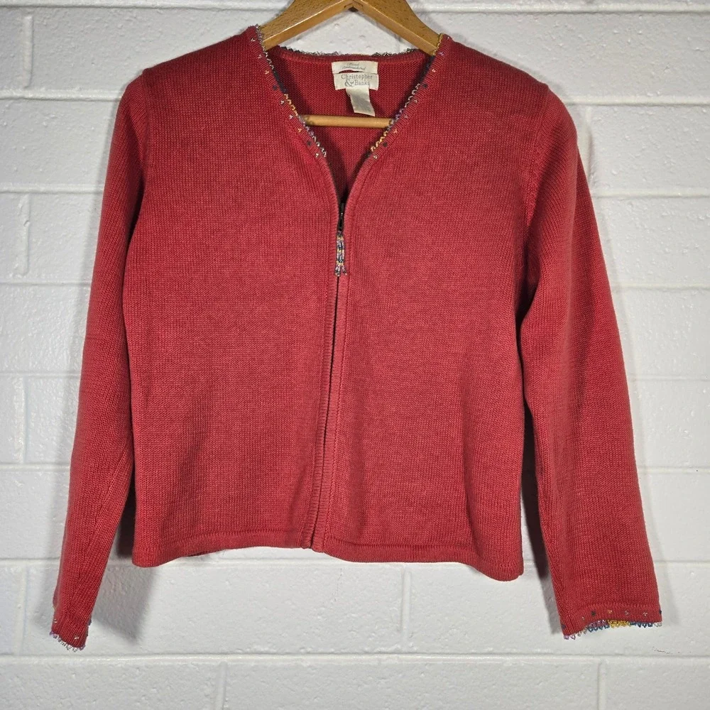 Vtg Full Zip Beaded Cardigan Sweater Oversize Small Y2K Unique Funky Rainbow‎